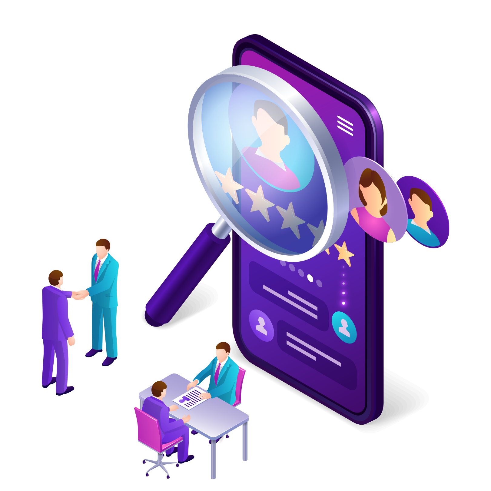 A magnifying glass examining candidate profiles on a mobile screen, with people conducting interviews and two shaking hands, symbolizing the recruitment process.