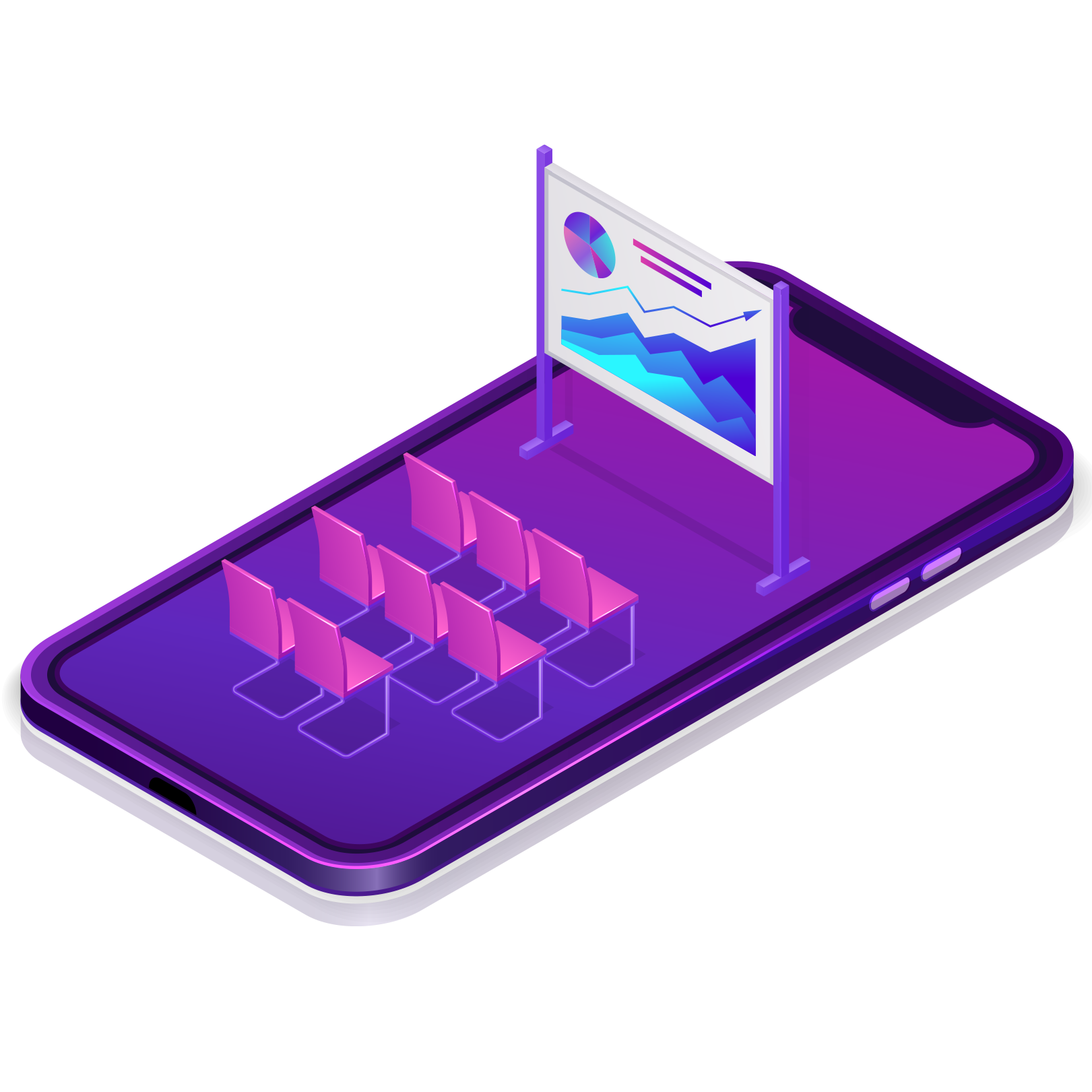 An isometric digital conference illustration featuring a presentation screen with graphs and rows of pink chairs, set on a smartphone screen.