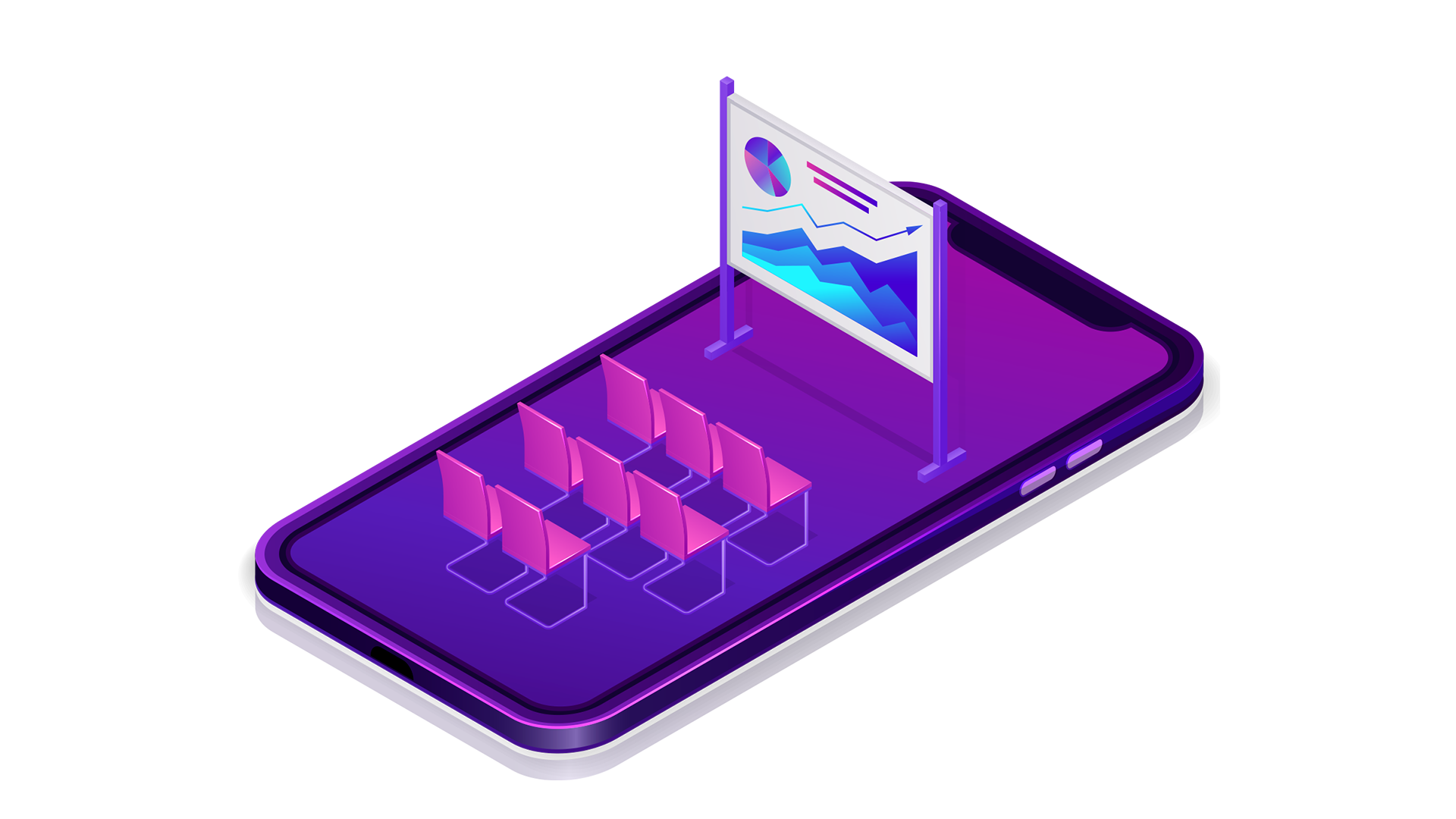 An isometric digital conference illustration featuring a presentation screen with graphs and rows of pink chairs, set on a smartphone screen.