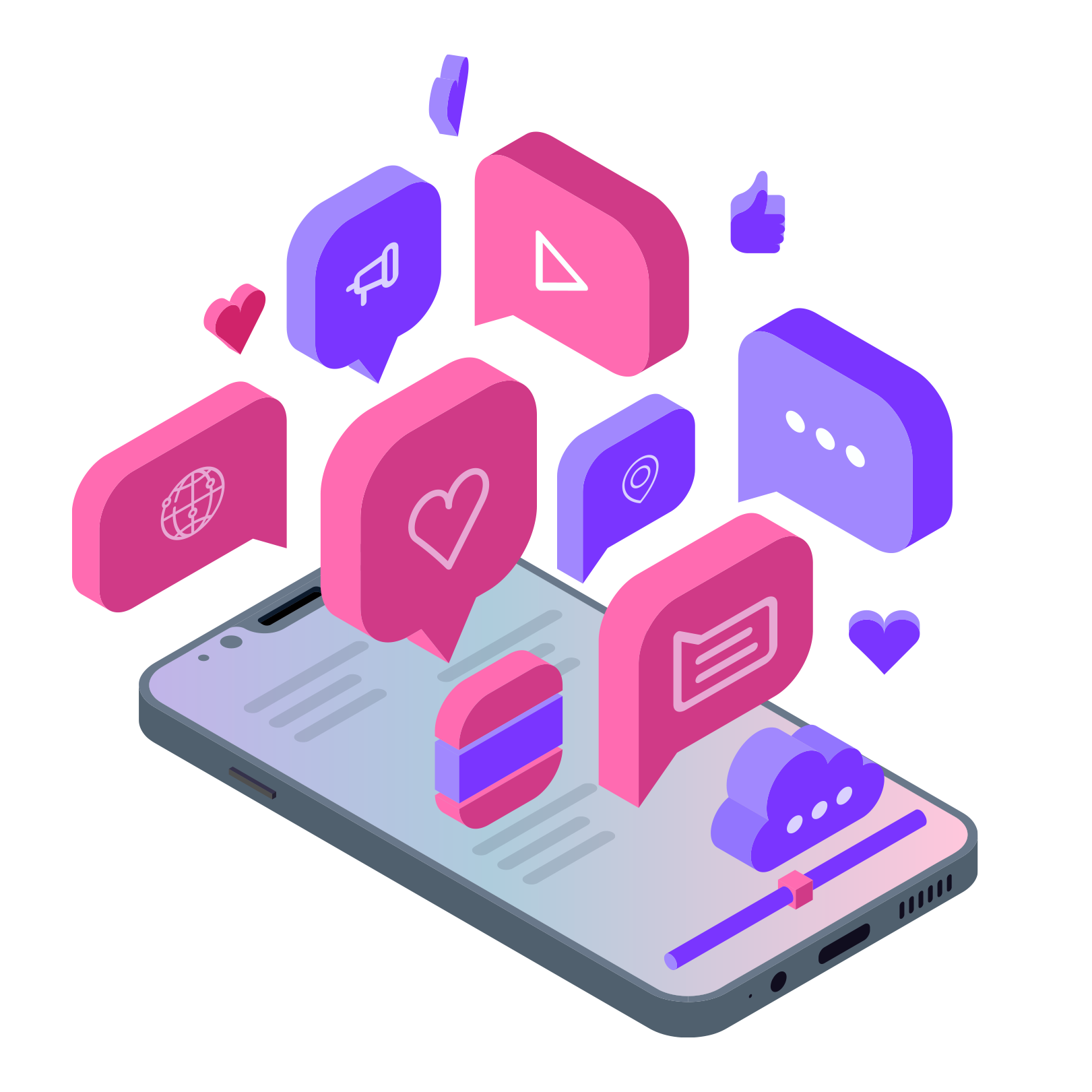 Illustration of a smartphone displaying floating social media icons, including likes, hearts, speech bubbles, and other interaction symbols, representing digital engagement and communication.