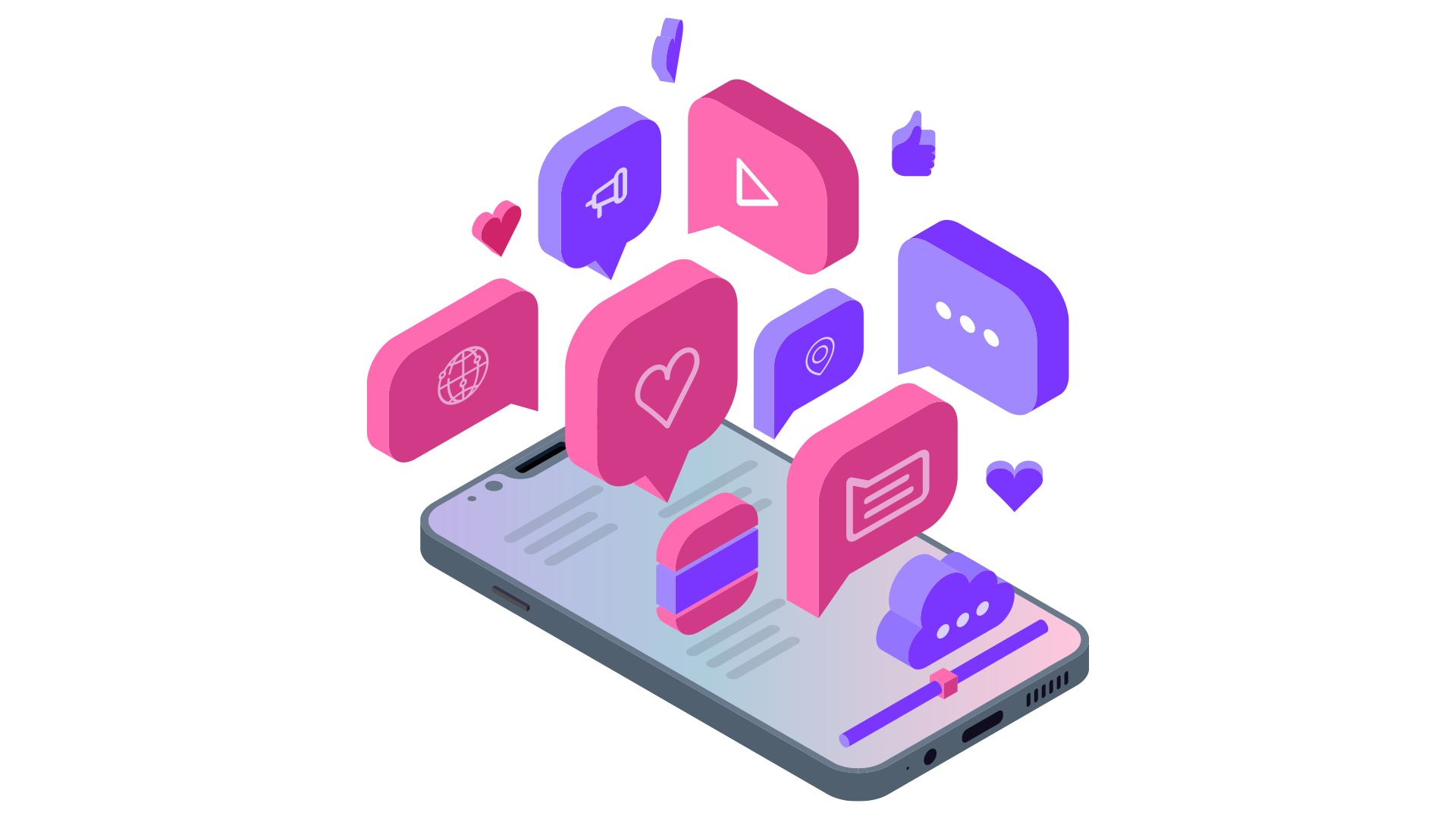 Illustration of a smartphone displaying floating social media icons, including likes, hearts, speech bubbles, and other interaction symbols, representing digital engagement and communication.