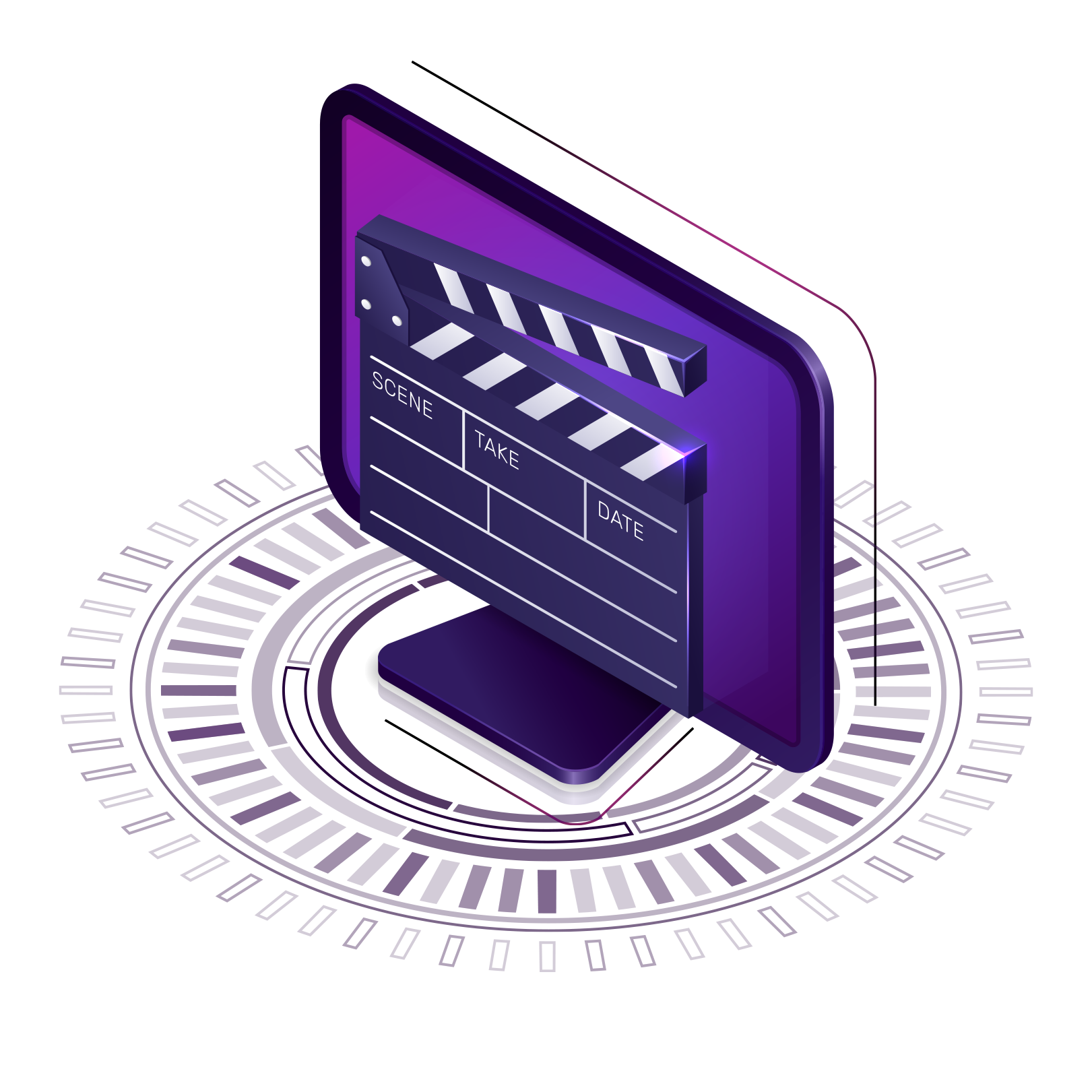 Illustration of a digital clapperboard on a futuristic display, symbolizing the evolution of video content and trends in 2025 