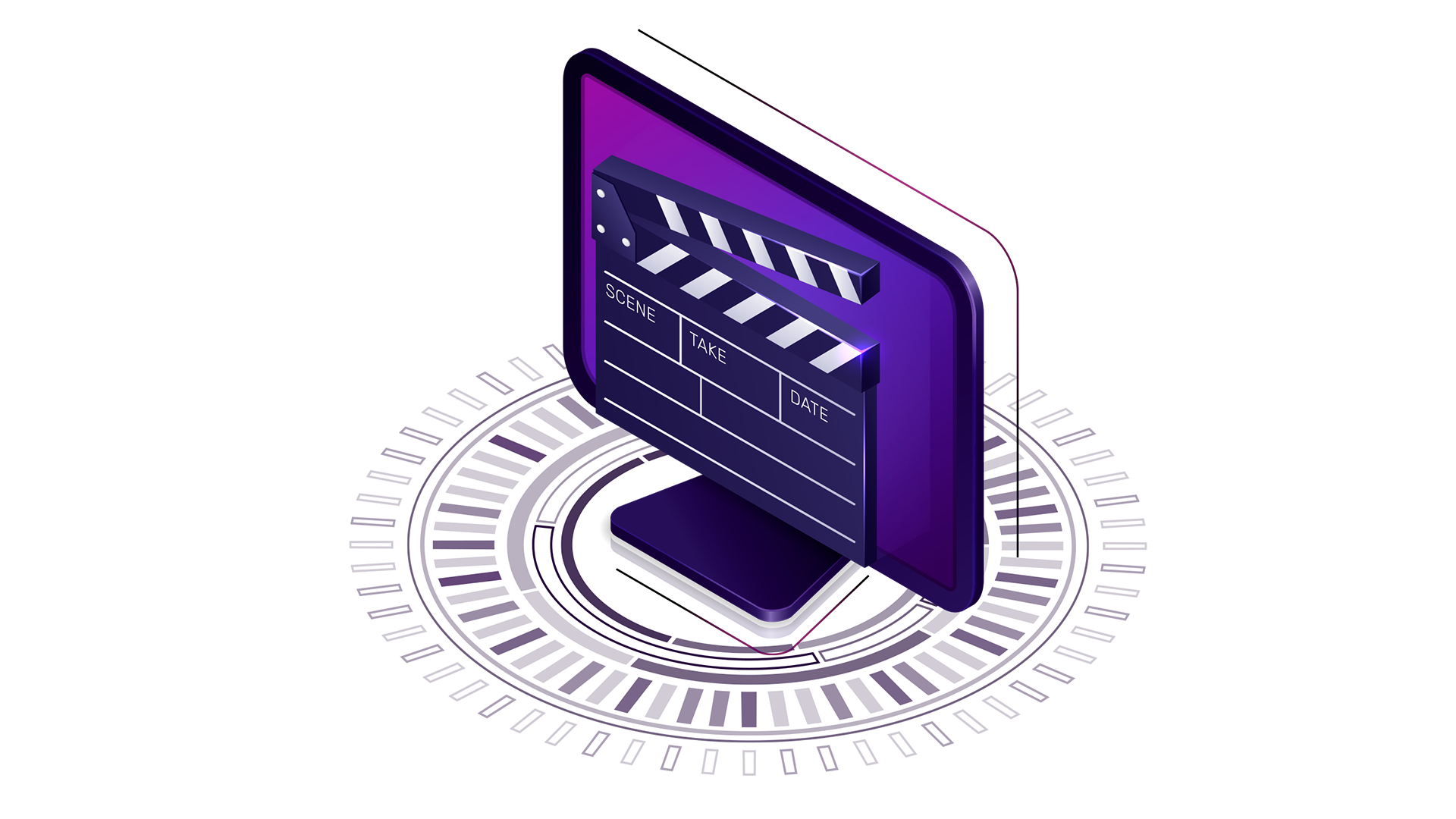 Illustration of a digital clapperboard on a futuristic display, symbolizing the evolution of video content and trends in 2025