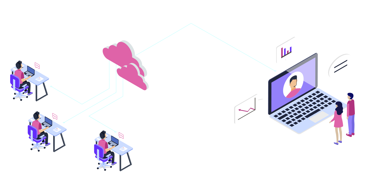 A diagram depicting three speakers, connected from different locations, live streaming to a global audience via a cloud-based platform. The speakers are seated at their computers, while viewers are watching the broadcast from a laptop. The diagram includes graphic elements and connecting lines that visualize the live streaming process.